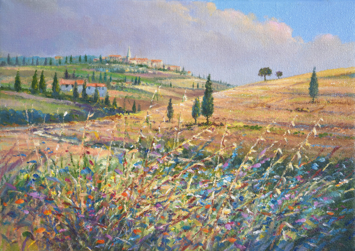 'Winding Road to Pienza, Tuscany, Italy', 10x14 inches original art oil on canvas. Landscape Painting of Italy by British Artist Ted Dyer