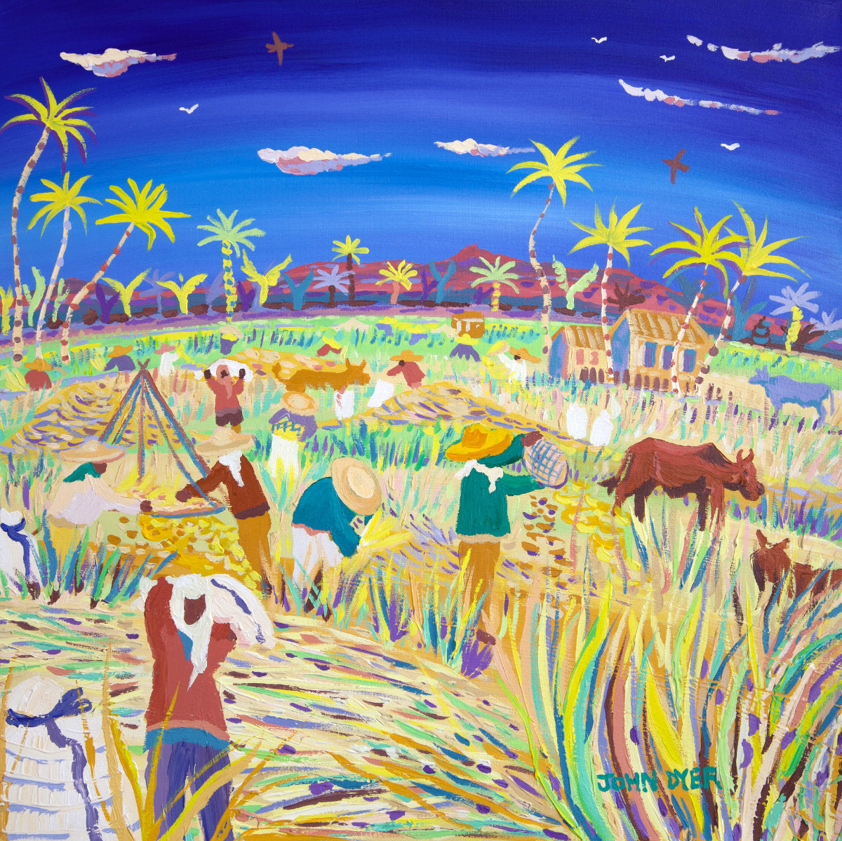 Colorful painting of people working in a field with palm trees and animals. 'Winnowing in the Wind, the Philippines Rice Harvest'. 24x24 inches acrylic on canvas. Paintings of Philippines by John Dyer from our Online Art Gallery