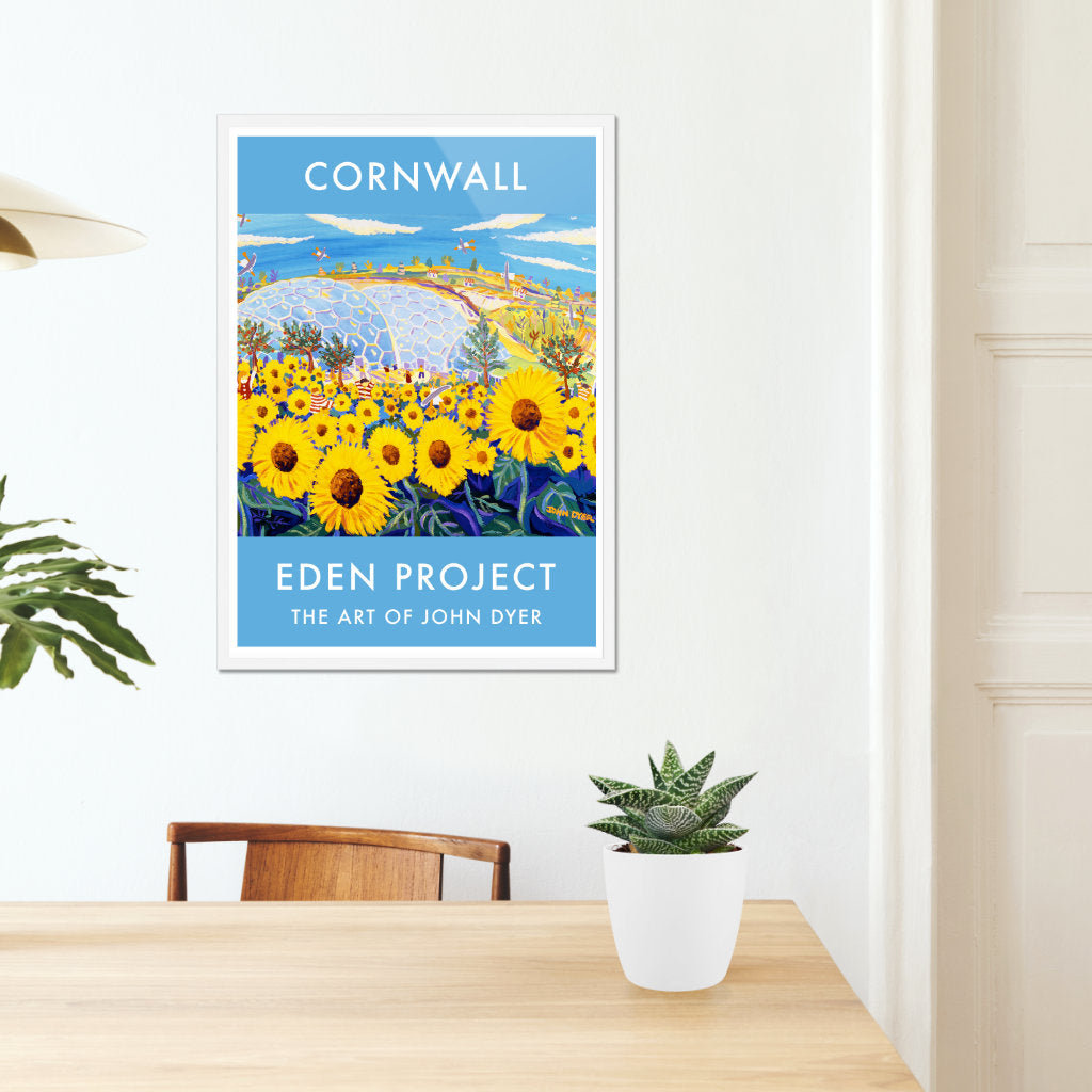 Eden Project Art Poster Print by Cornish Artist John Dyer of The Eden Project Biomes, Outdoor Garden with Sunflowers