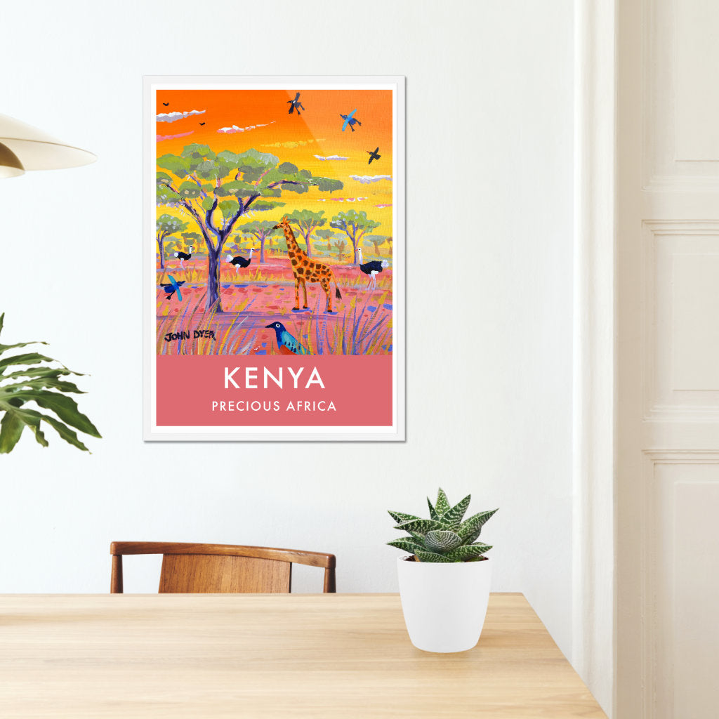 African Art Wall Art Poster Print by John Dyer. Giraffe with Ostrich and Acacia Tree
