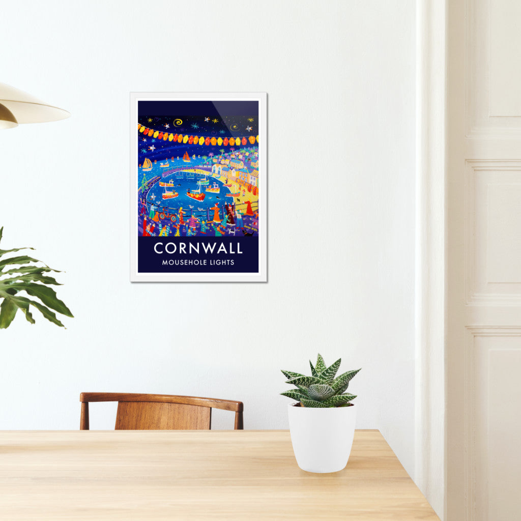 Vintage Style Coastal Seaside Travel Poster Art Prints by Cornish Artist John Dyer. Mousehole Harbour Lights, Cornwall