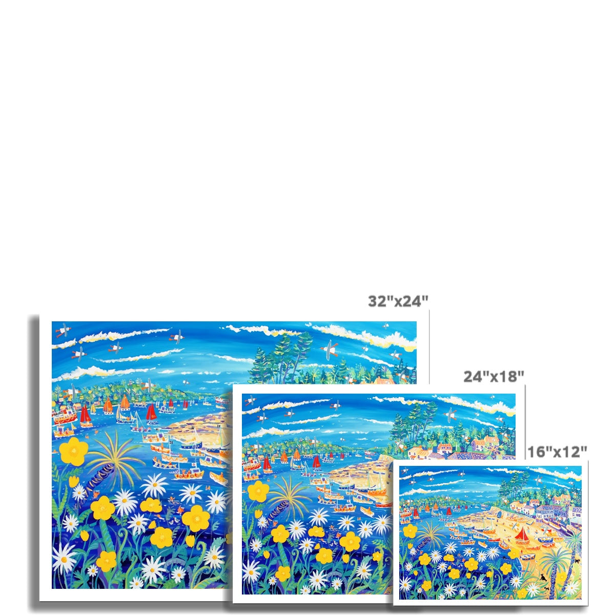 John Dyer Fine Art Beach Print 'Buttercups and Bathers, Helford Passage, Cornwall'. Open Edition Cornish Art Print