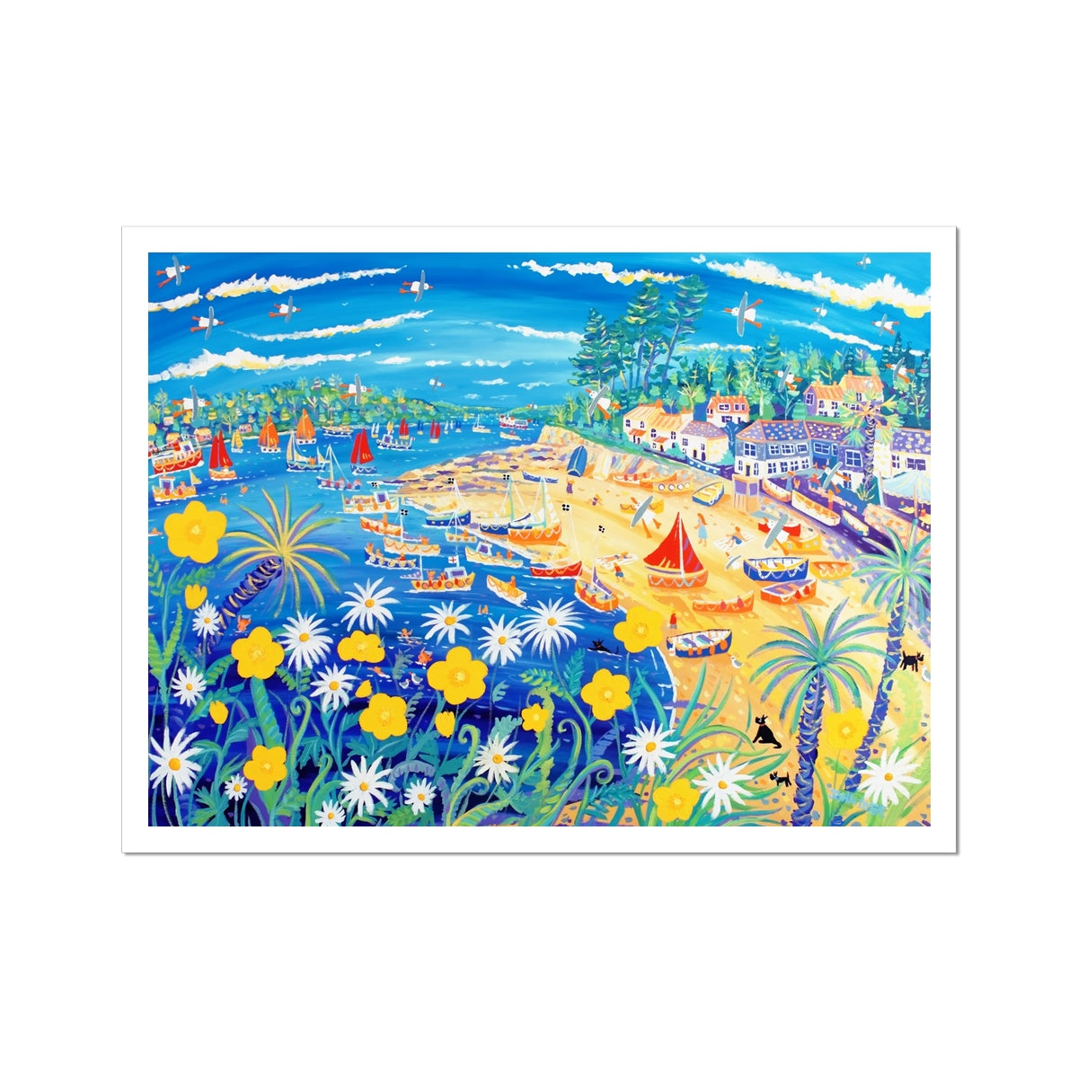 John Dyer Fine Art Beach Print 'Buttercups and Bathers, Helford Passage, Cornwall'. Open Edition Cornish Art Print