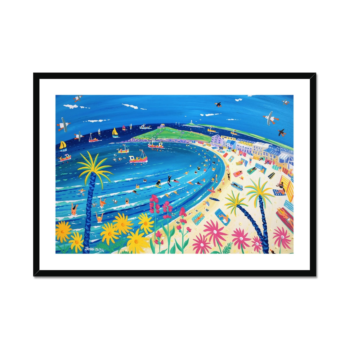 John Dyer Framed Open Edition Cornish Art Print. 'Tropical Days at Porthmeor Beach, St Ives'. Cornwall Art Gallery
