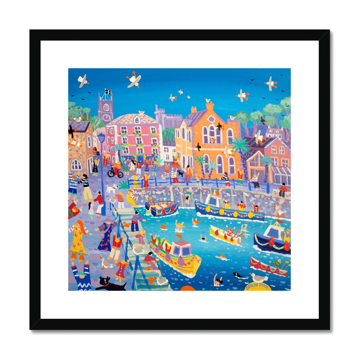 John Dyer Framed Open Edition Cornish Art Print. 'Happy Holidays, Fowey'. Cornwall Art Gallery