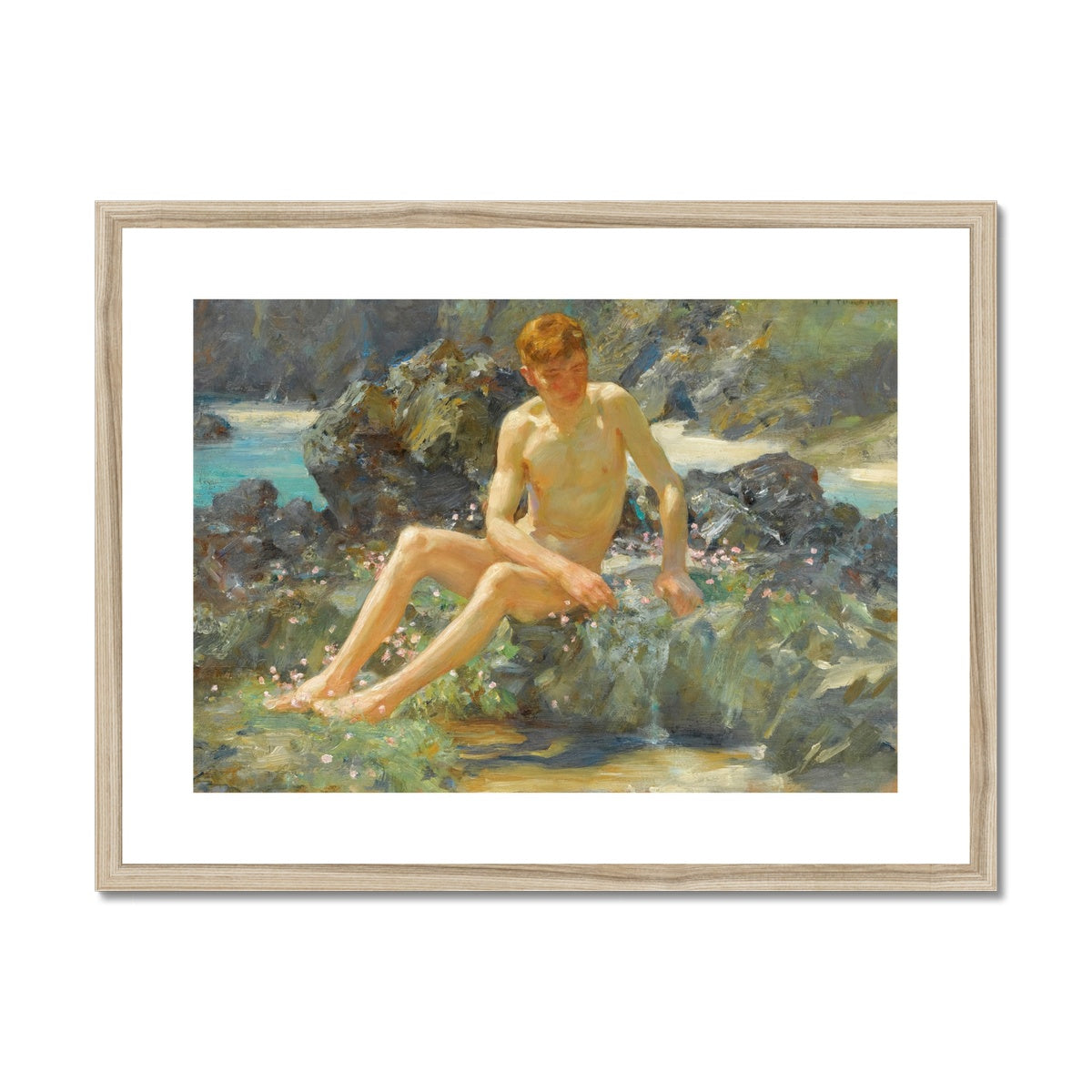 Nude on the Rocks by Henry Scott Tuke. Framed Open Edition Fine Art Print. Historic Art