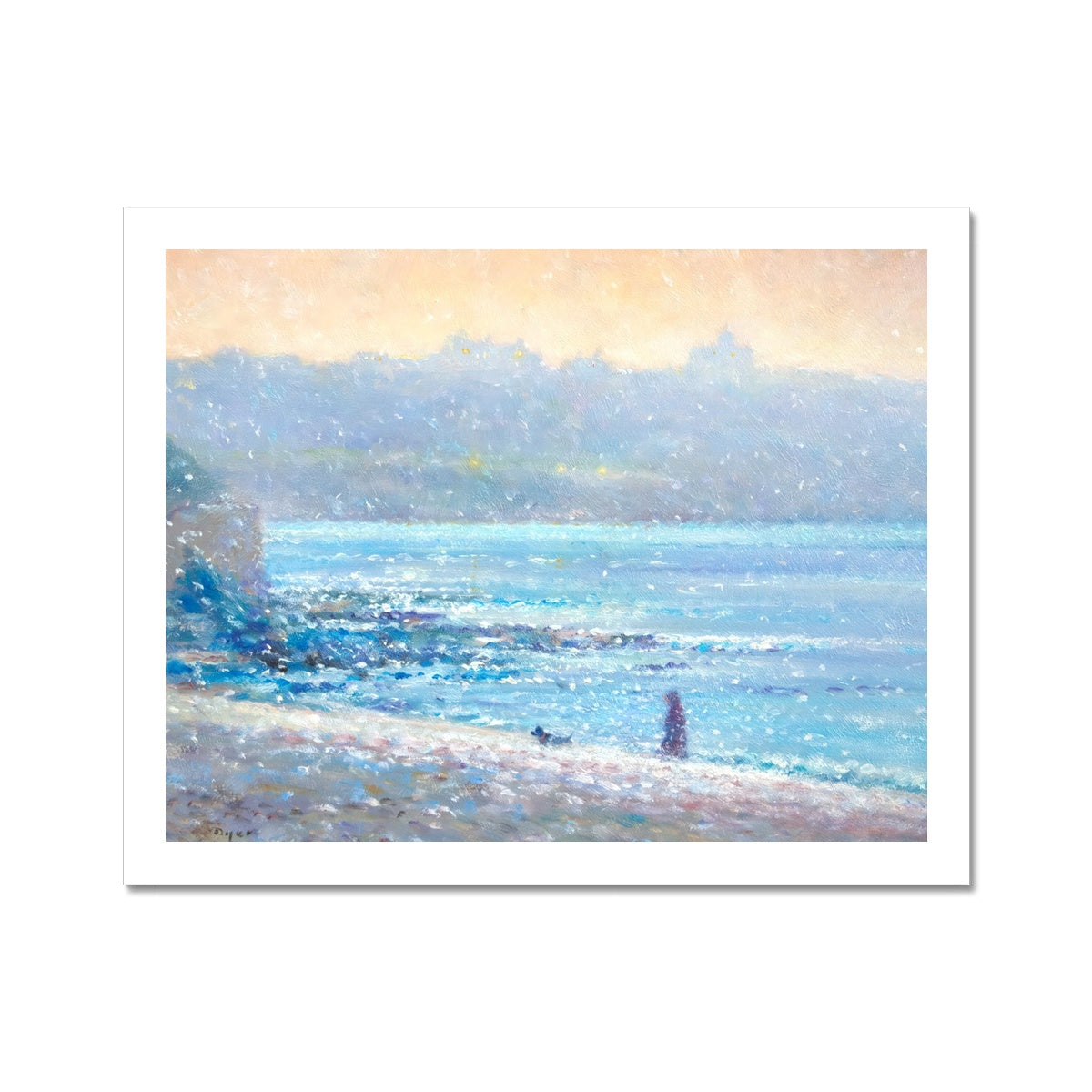 Ted Dyer Fine Art Print. Open Edition Cornish Art Print. 'Walking in a Snow Flurry, Falmouth'. Cornwall Art Gallery
