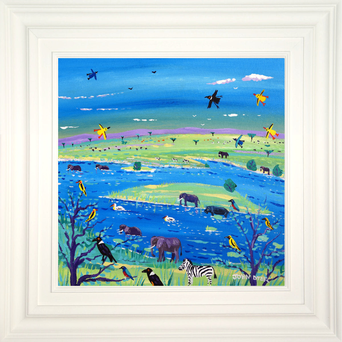 'Wildlife View from Observation Hill, Amboseli, Kenya', 18x18 inches acrylic on canvas. African Painting by British Artist John Dyer.