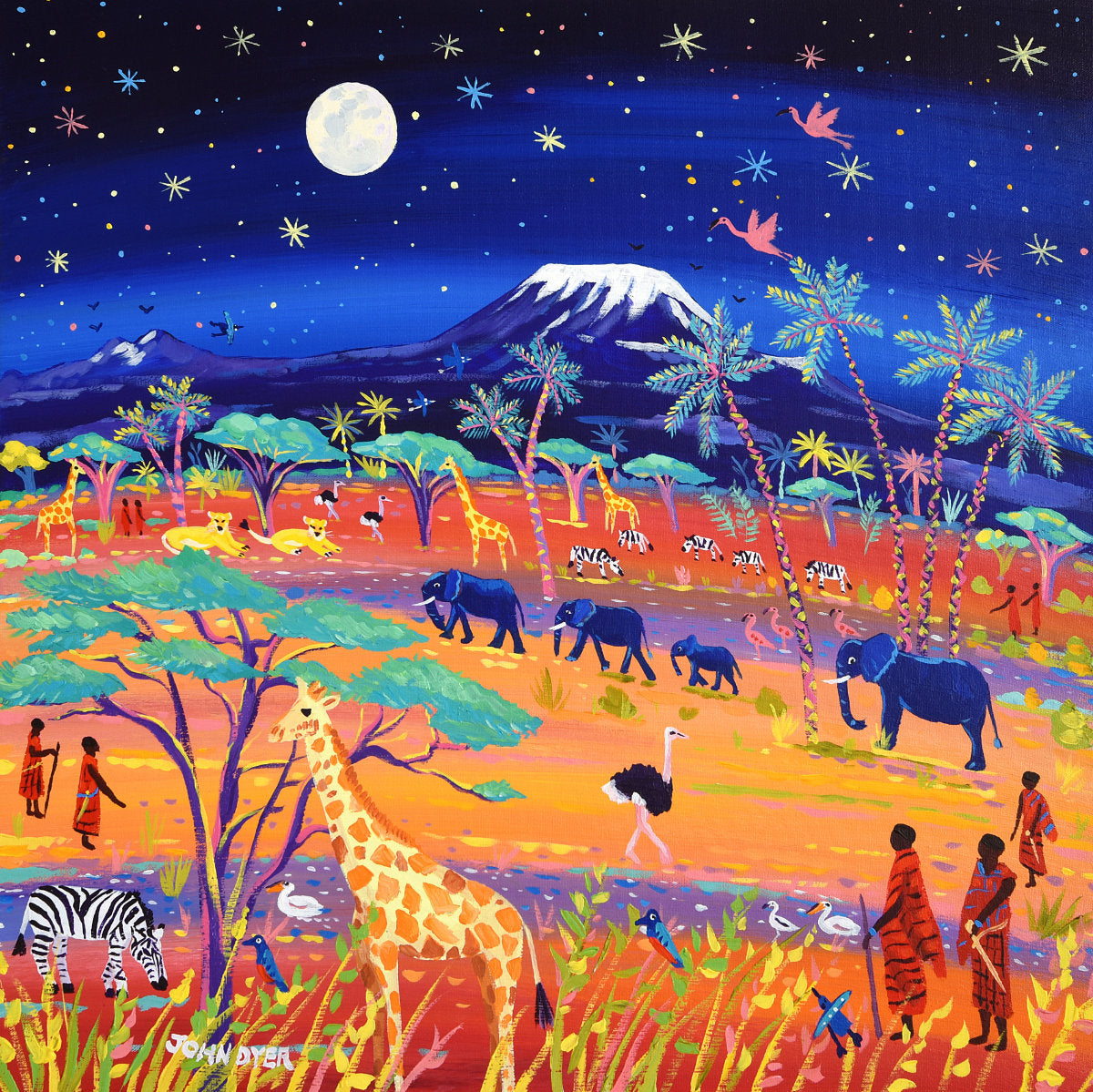 'African Nights, Amboseli, Kenya', 24x24 inches acrylic on canvas. African Painting by British Artist John Dyer.