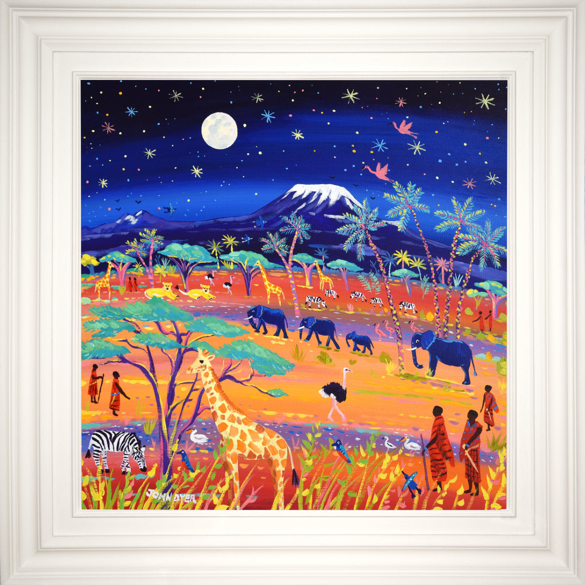 'African Nights, Amboseli, Kenya', 24x24 inches acrylic on canvas. African Painting by British Artist John Dyer.