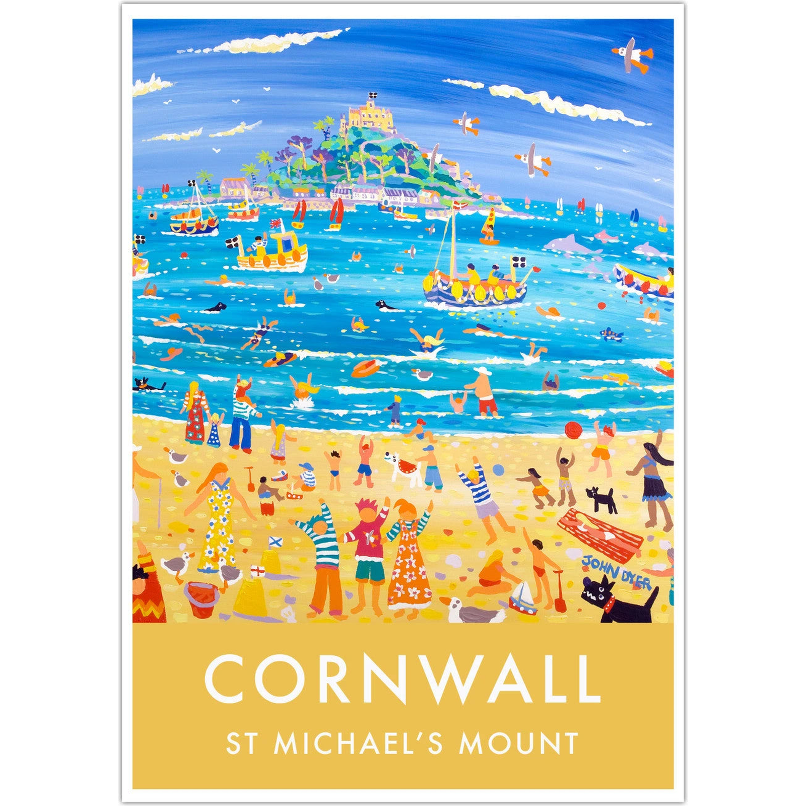 Vintage Style Seaside Travel Poster Art Print by Cornish Artist John Dyer. St Michael's Mount Cornwall — complete poster on white square [Agent Art 026377144098]