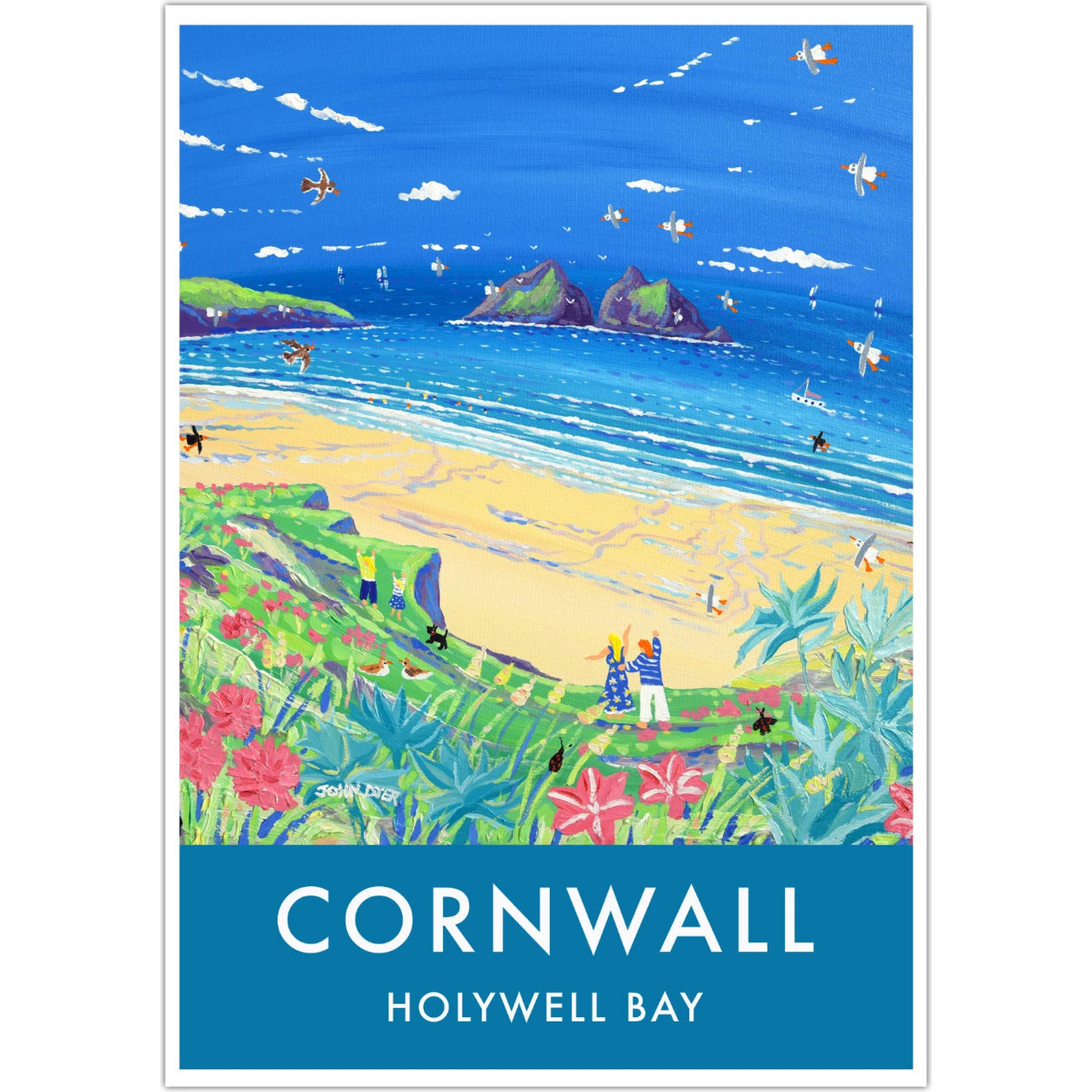 Vintage Style Seaside Travel Art Poster Print by Cornish Artist John Dyer. Holywell Bay Beach Cornwall — complete poster on white square [Agent Art 559c935214fe]