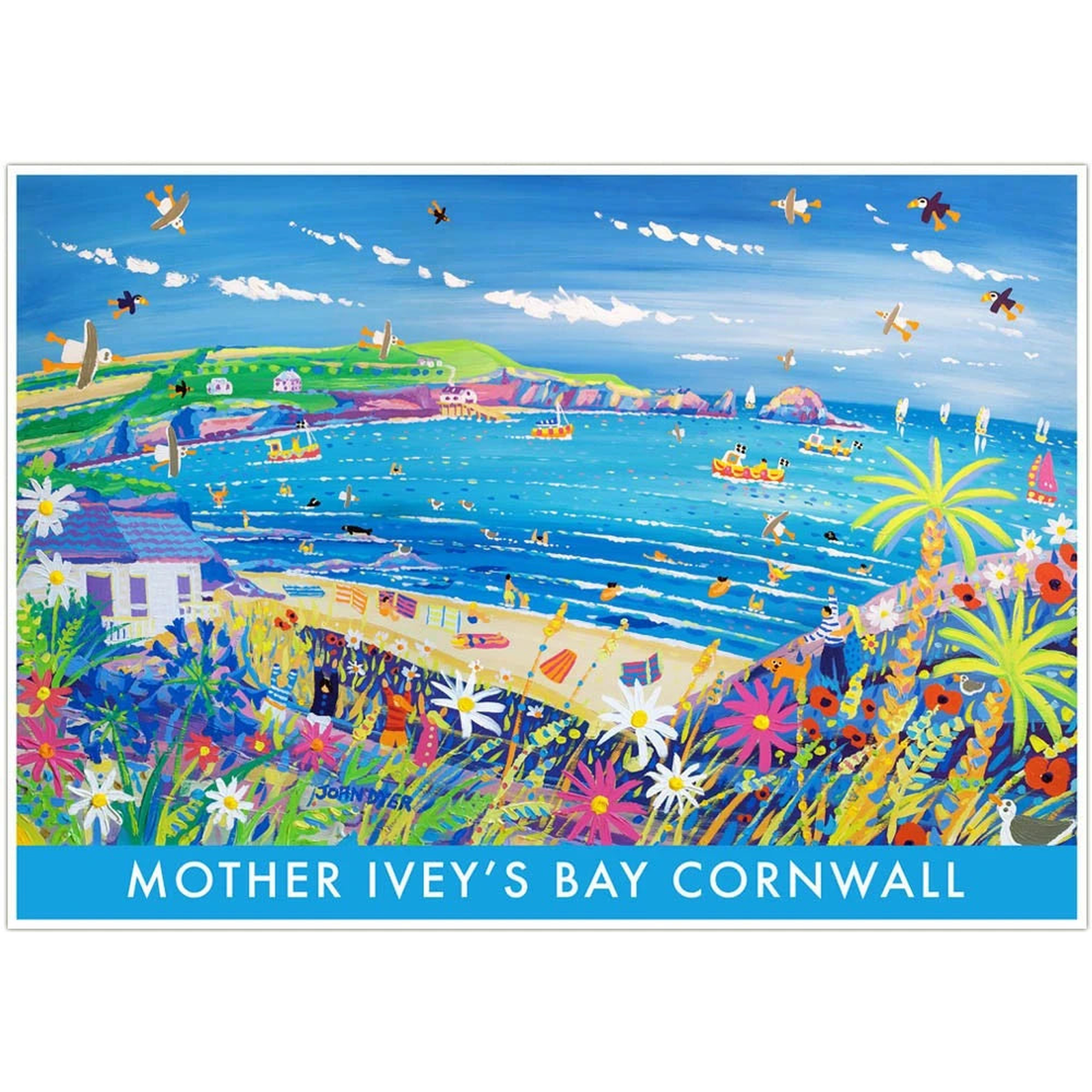 Vintage Style Seaside Travel Poster by John Dyer. Mother Ivey's Bay Cornwall — complete poster on white square [Agent Art b7271444ed68]