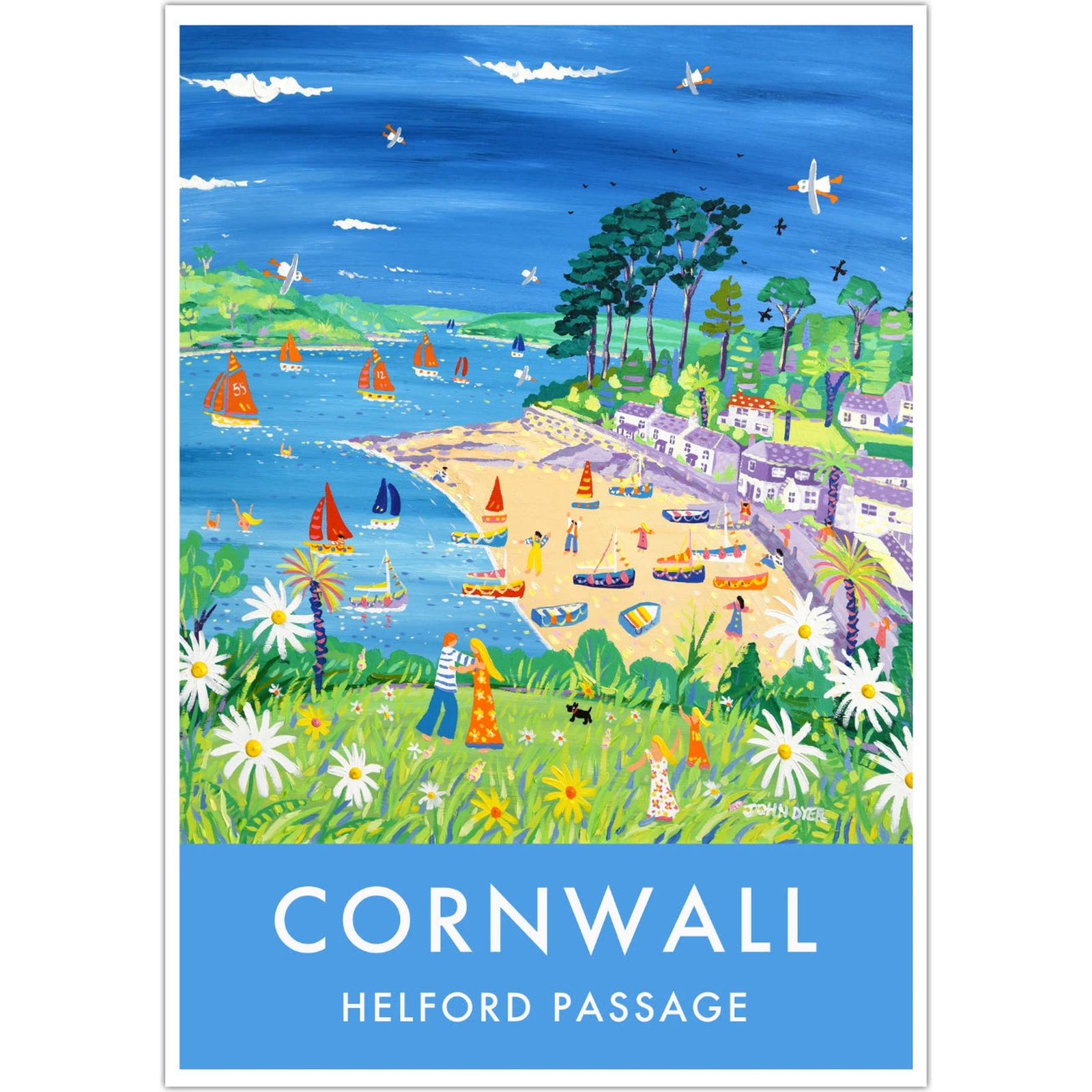 Helford Passage Art Prints of Cornwall by Cornish Artist John Dyer, poster artwork, shown complete on a white background.