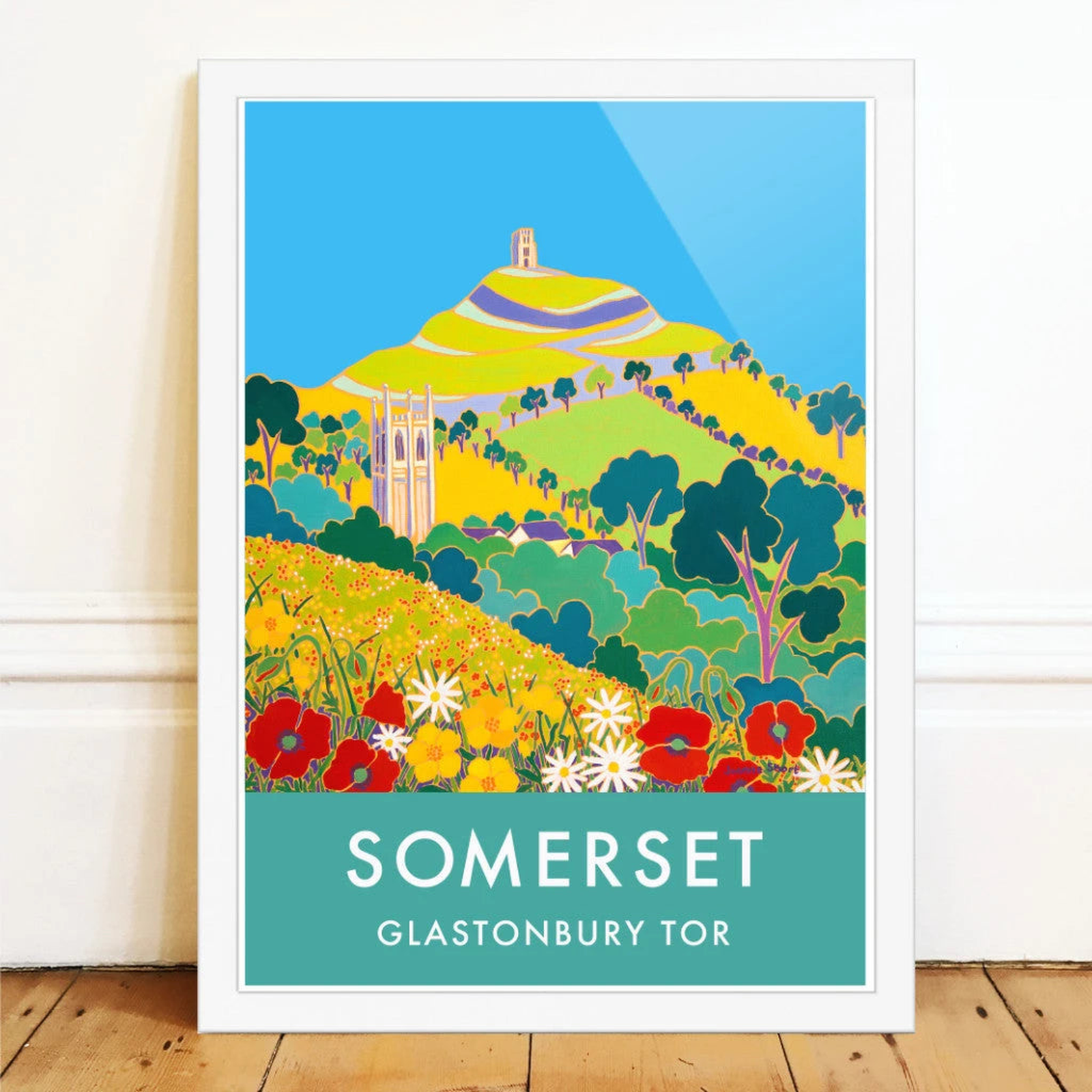 Vintage Style Travel Poster Print by Joanne Short of Glastonbury Tor, Somerset — complete poster on white square [Agent Art 55c3477af629]