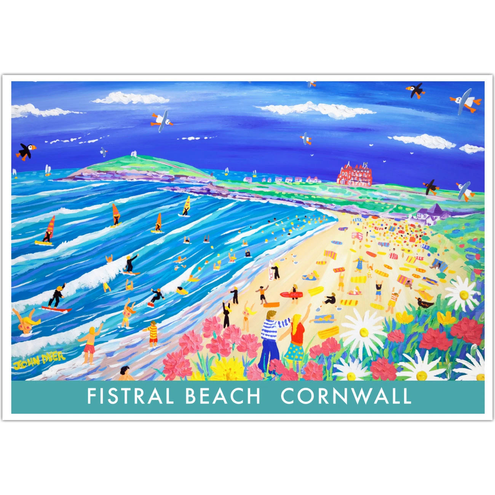 Cornish Art Print of Fistral Beach, Newquay in Cornwall by Cornish Artist John Dyer. Cornwall Art Gallery, Vintage Style Posters — complete poster on white square [Agent Art 0708c7602da7]