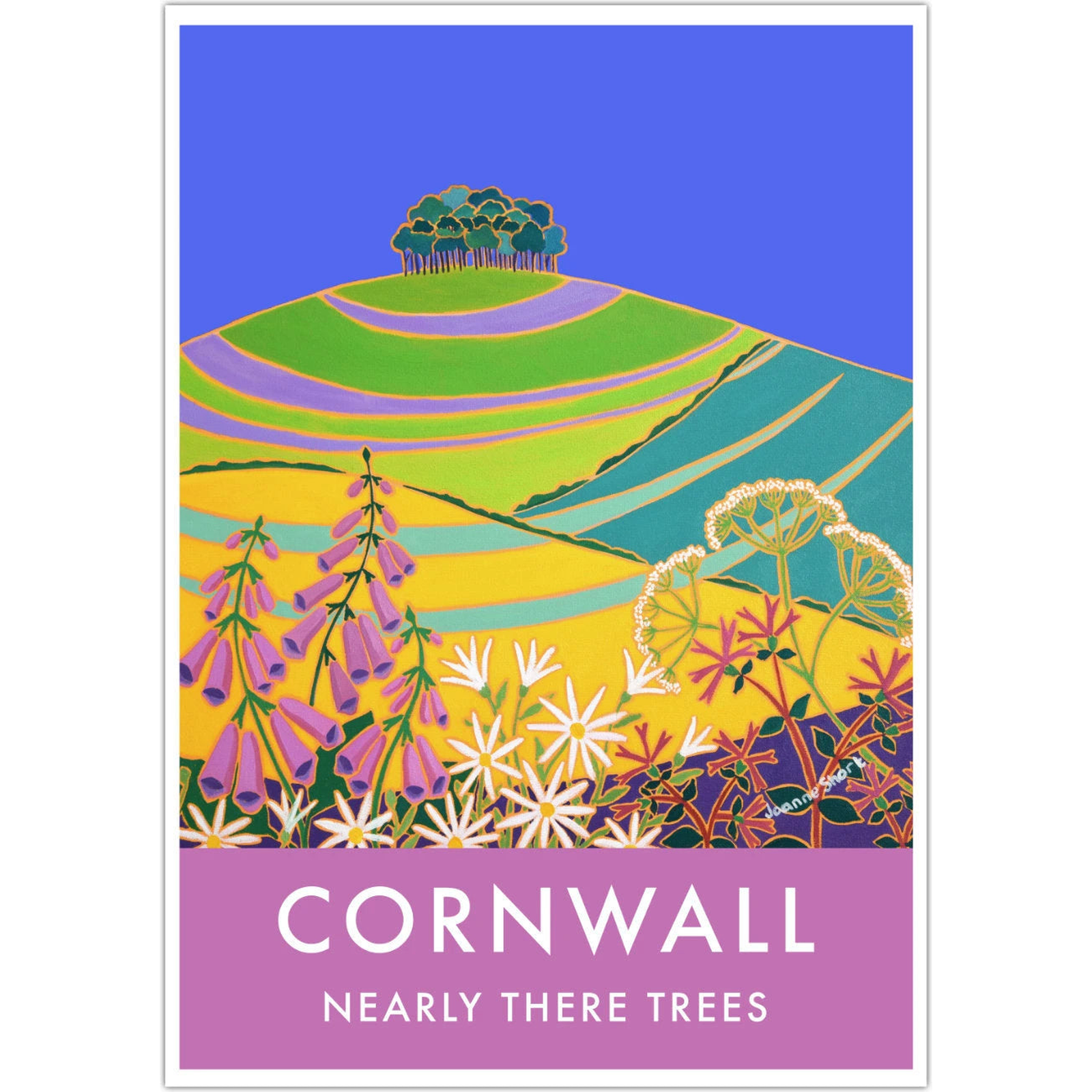 Vintage Style Travel Art Poster Print of the Nearly There Trees, Nearly Home Trees at Cookworthy Knapp Devon - Cornwall by Cornish Artist Joanne Short — complete poster on white square [Agent Art 2c5c6d09d8ce]