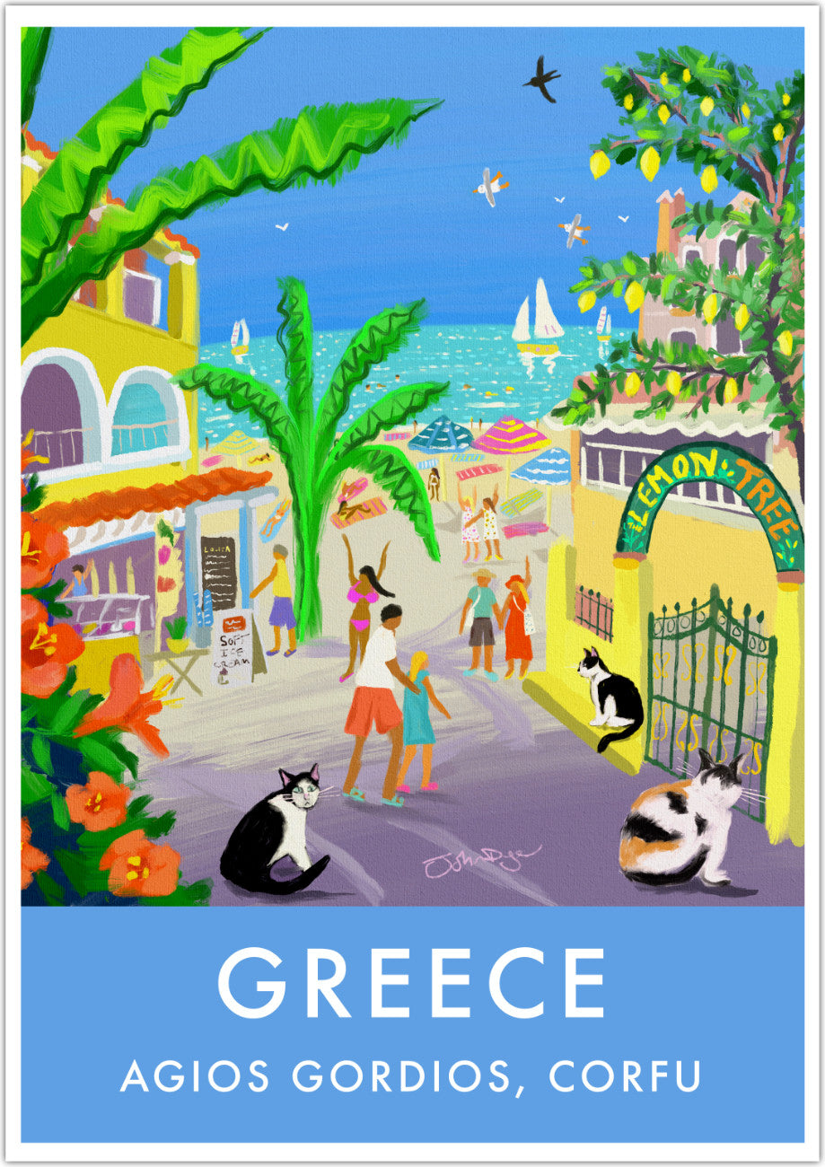 Greece Artwork Wall Art Poster Print by John Dyer. Strolling Past Corfu Cats, Agios Gordios, Greece