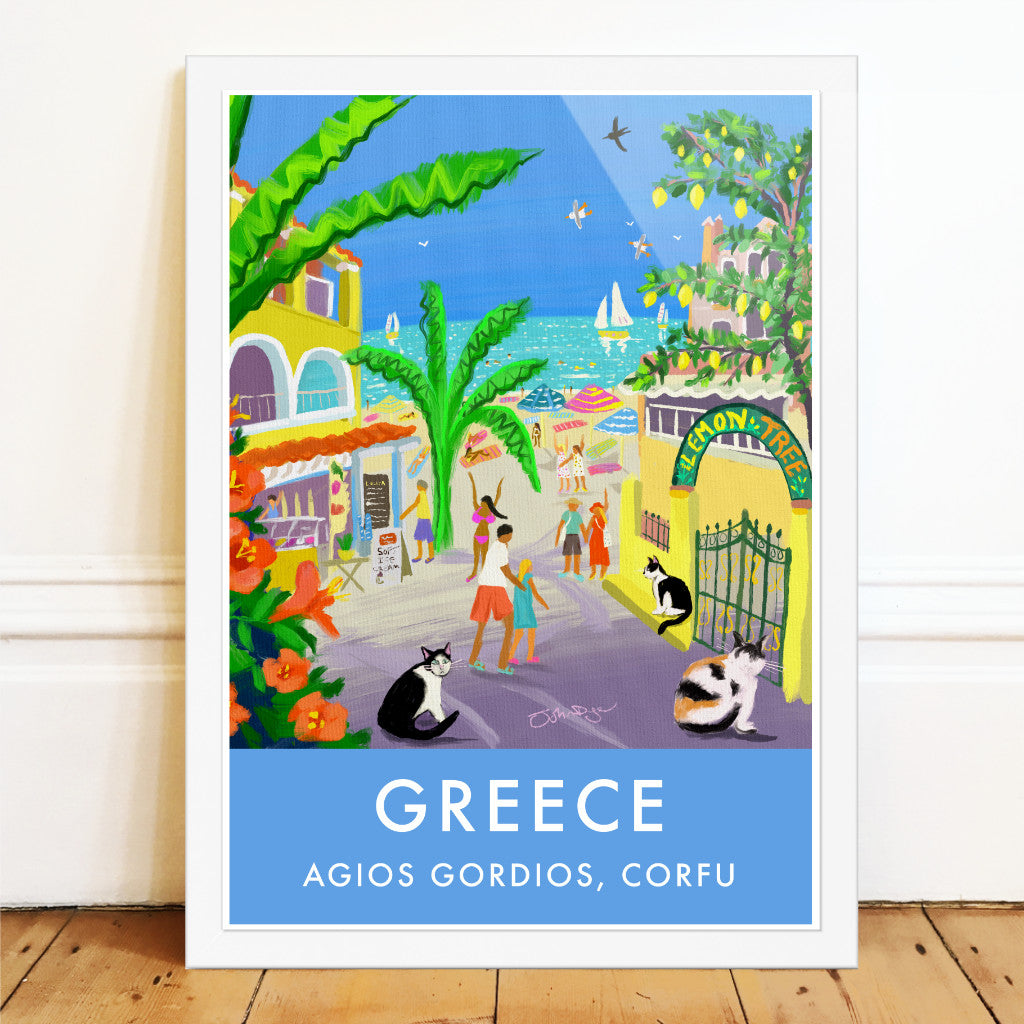 Greece Artwork Wall Art Poster Print by John Dyer. Strolling Past Corfu Cats, Agios Gordios, Greece