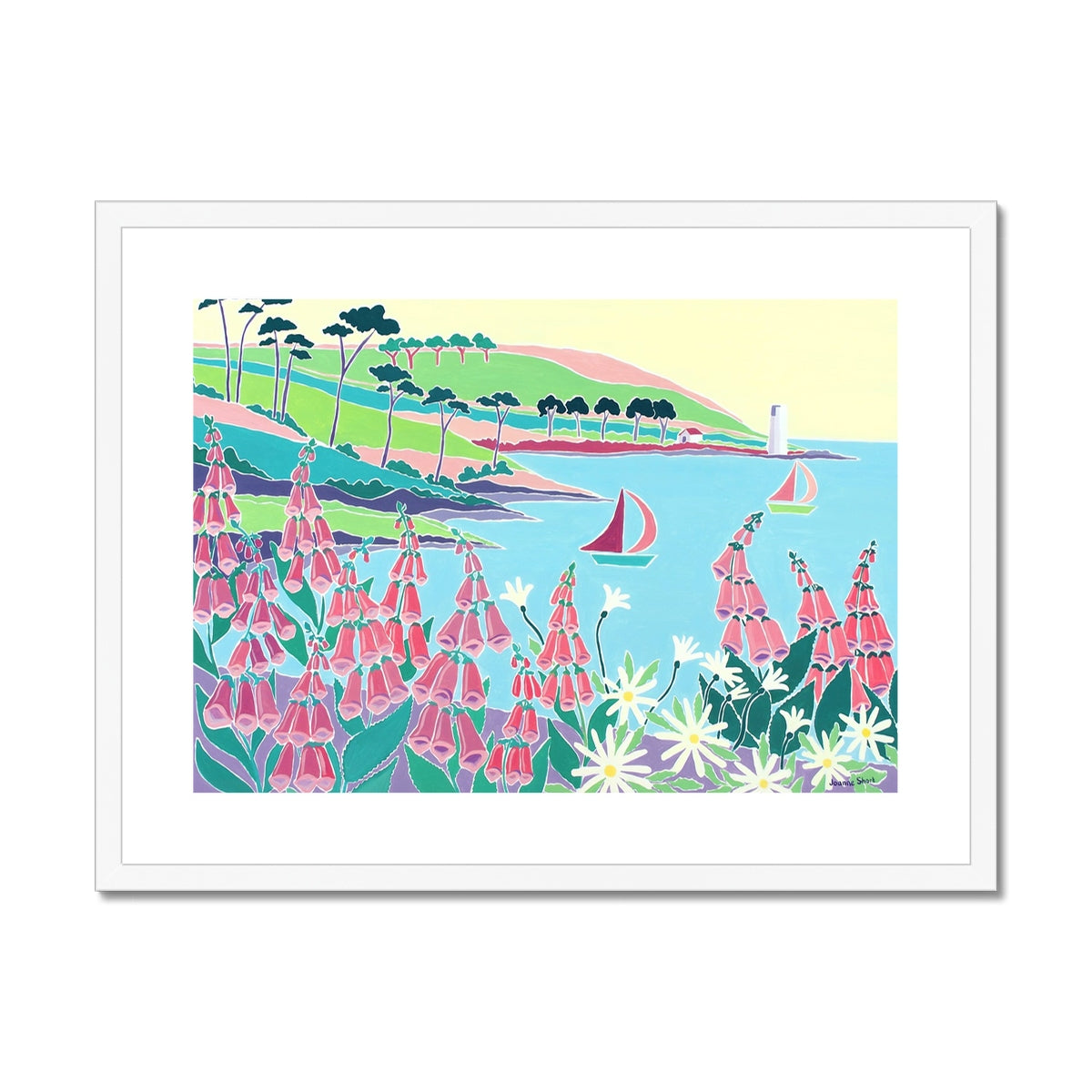 Joanne Short Framed Open Edition Cornish Art Print. &#39;Sailing Past the Lighthouse, St Anthony Headland&#39;. Cornwall Art Gallery