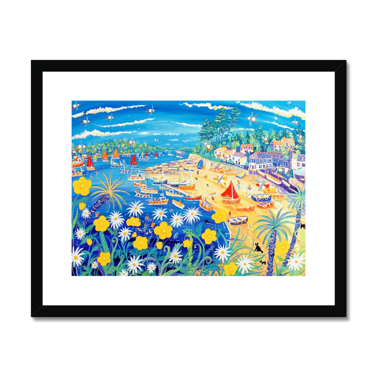 John Dyer Framed Open Edition Cornish Art Print. 'Buttercups and Bathers, Helford Passage, Cornwall'.