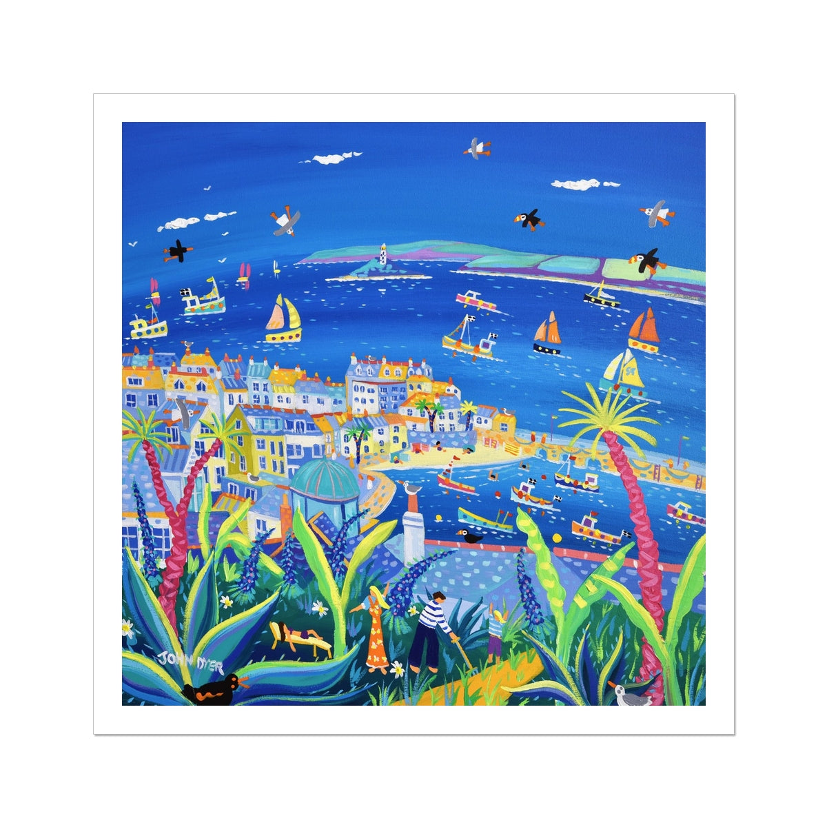 John Dyer Fine Art Print. Open Edition Cornish Art Print. 'Enjoying the Garden, Barnoon Terrace, St Ives'. Cornwall Art Gallery