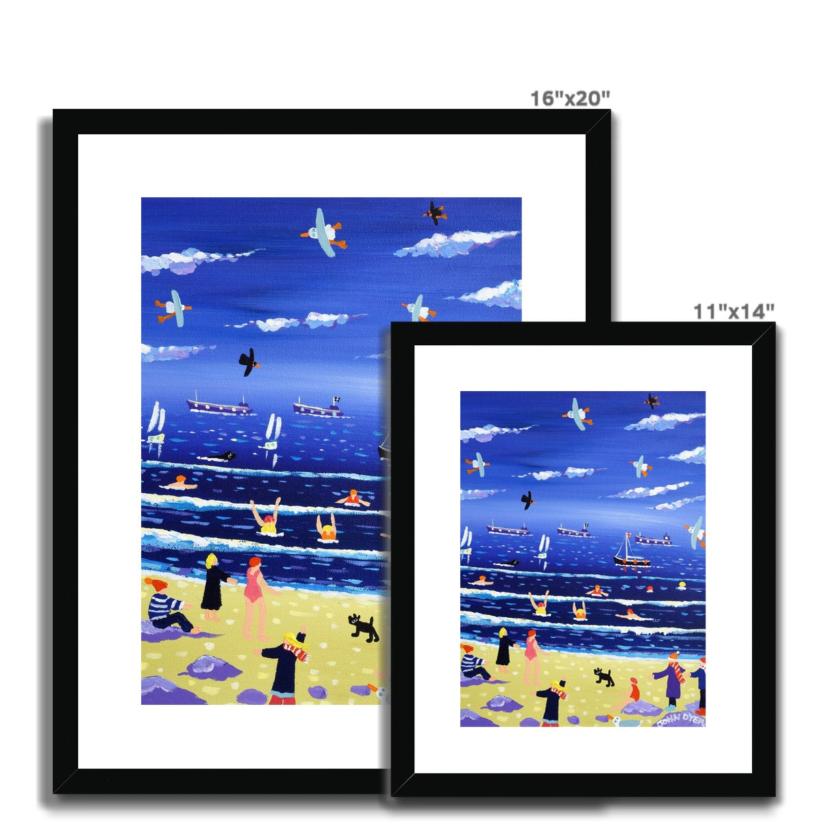 John Dyer Framed Open Edition Cornish Art Print. &#39;Chilly Dippers - Cold Water Swimming, Gyllyngvase Beach, Cornwall &#39;.