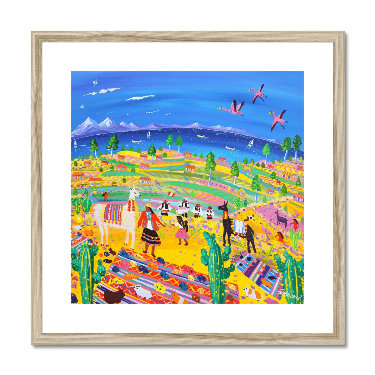 John Dyer Framed Open Edition Peruvian Art Print. 'Music and Llamas at the Potato Harvest, Taquile Island, Peru'