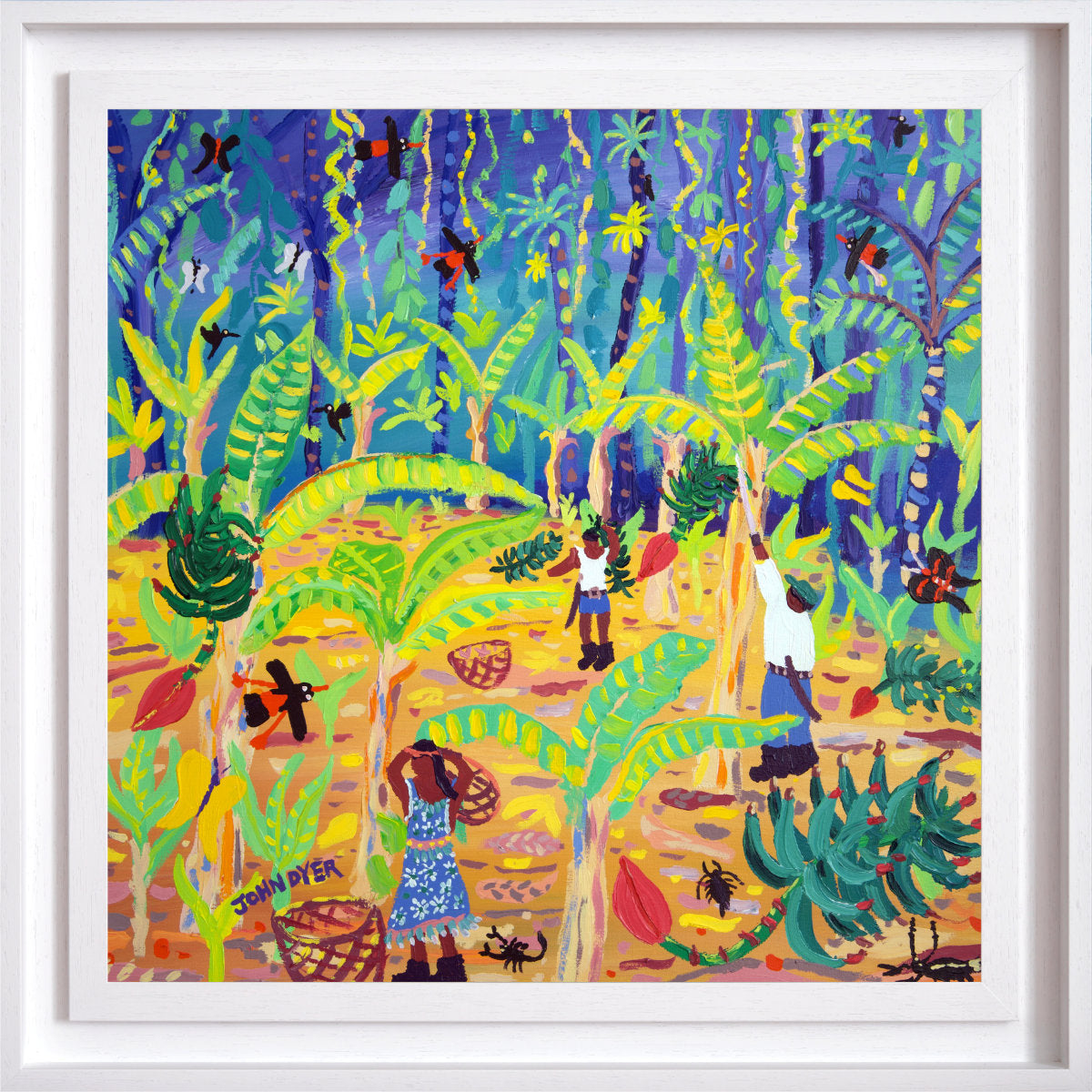 Colorful painting of people in a tropical forest with vibrant greens, blues, and yellows. 'Rainforest Banana Bonanza, Costa Rica', 24x24 inches acrylic on canvas. Tropical Costa Rica Painting by British Artist John Dyer