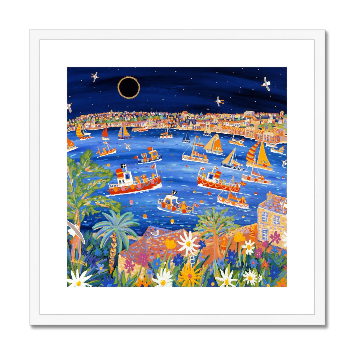 John Dyer Framed Open Edition Cornish Art Print. 'Sailing Beneath the Eclipse, Falmouth, Cornwall'.