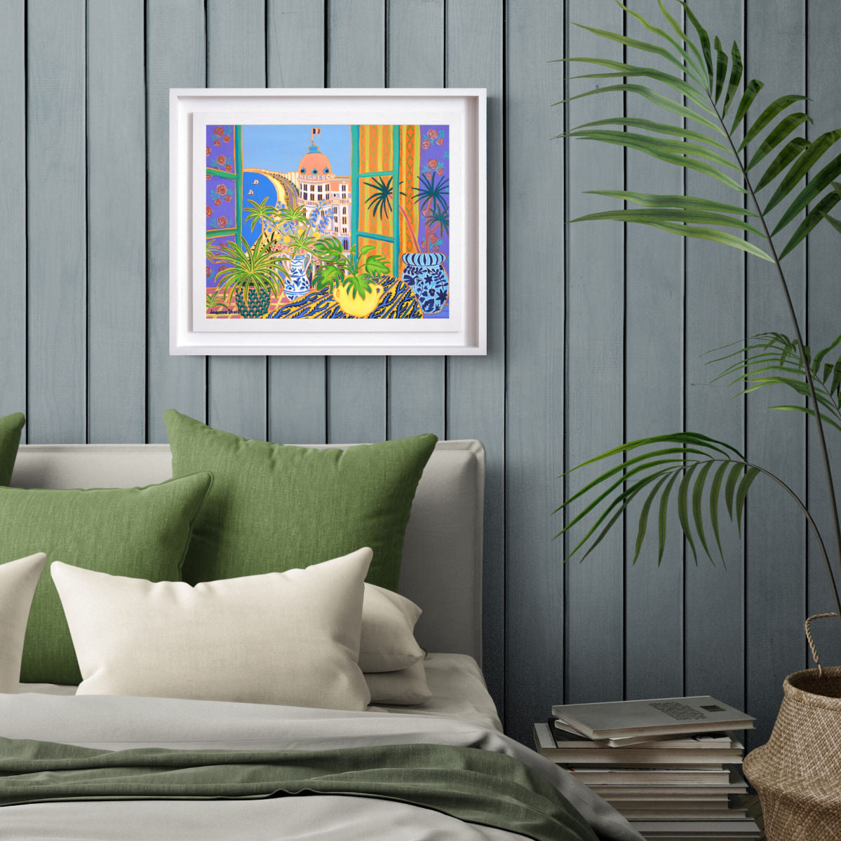 ‘Bohemian Room, Nice, France’ painting by Joanne Short showing patterned shutters, houseplants in ceramics, a patterned tablecloth and the Hotel Negresco with the bay of Nice.