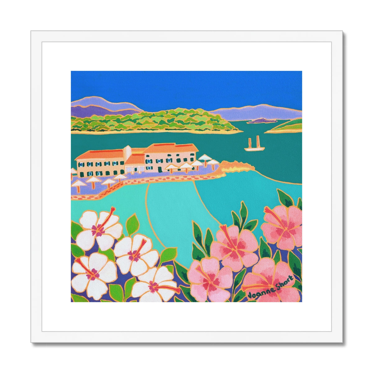 Joanne Short Greece Artwork. Framed Open Edition Art Print. &#39;Hibiscus and Turquoise Sea, Faliraki, Corfu Town Greece&#39; Greek Art Gallery