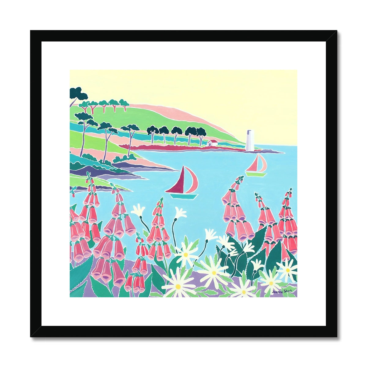 Joanne Short Framed Open Edition Cornish Art Print. &#39;Sailing Past the Lighthouse, St Anthony Headland&#39;. Cornwall Art Gallery
