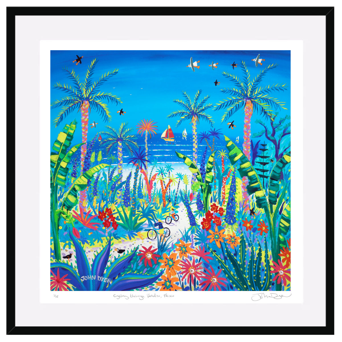 'Cycling through Paradise, Tresco'. Framed Special Limited Edition Print by John Dyer. Black frame.