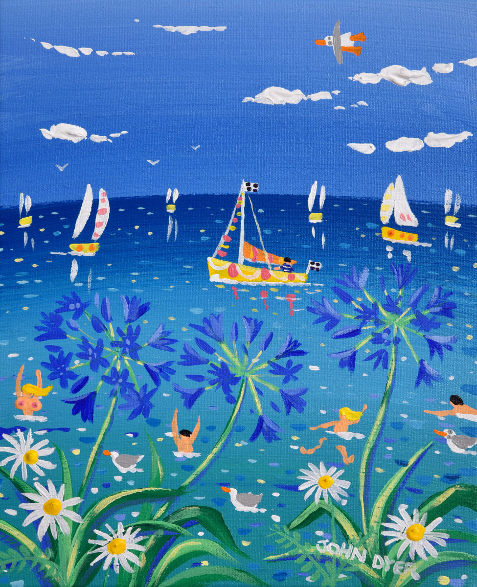 &#39;Agapanthus Blue Cornish Skinny Dipping&#39;, 12x10 inches acrylic on canvas. Paintings of Cornwall. Cornish Artist John Dyer. Cornwall Art Gallery