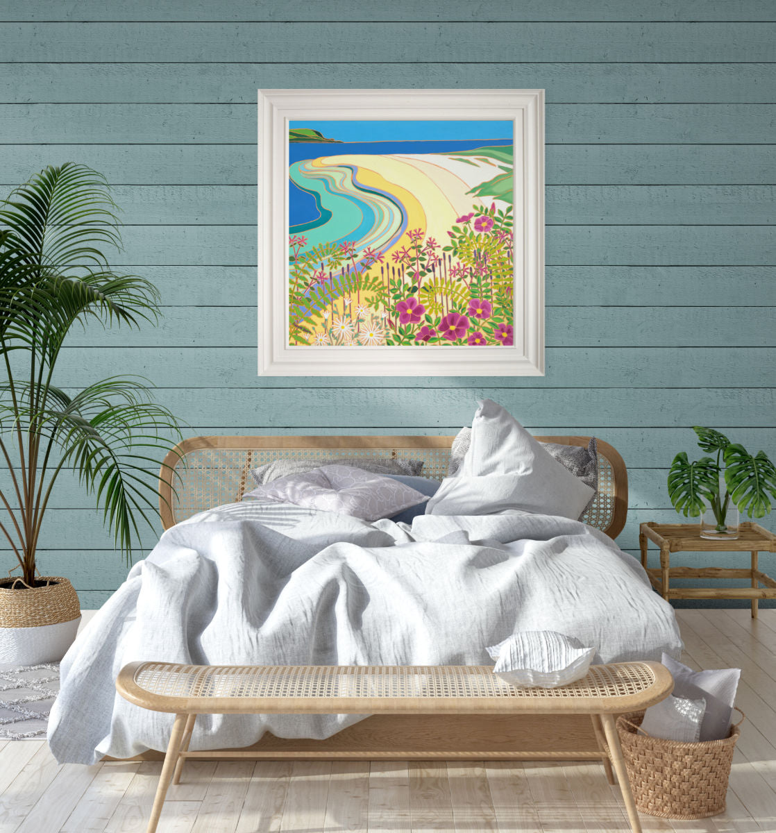 ‘Incoming Tide, Daymer Bay, The Camel Estuary’ painting by Joanne Short showing sweeping sand patterns, turquoise tide, daisies, pink coastal flowers and Brea Hill.