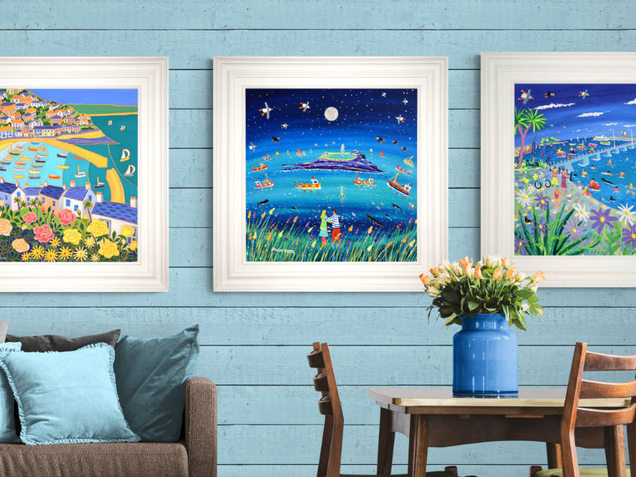 Paintings by British artists John Dyer and Joanne Short displayed on a gallery wall and available to buy online from the John Dyer Gallery.