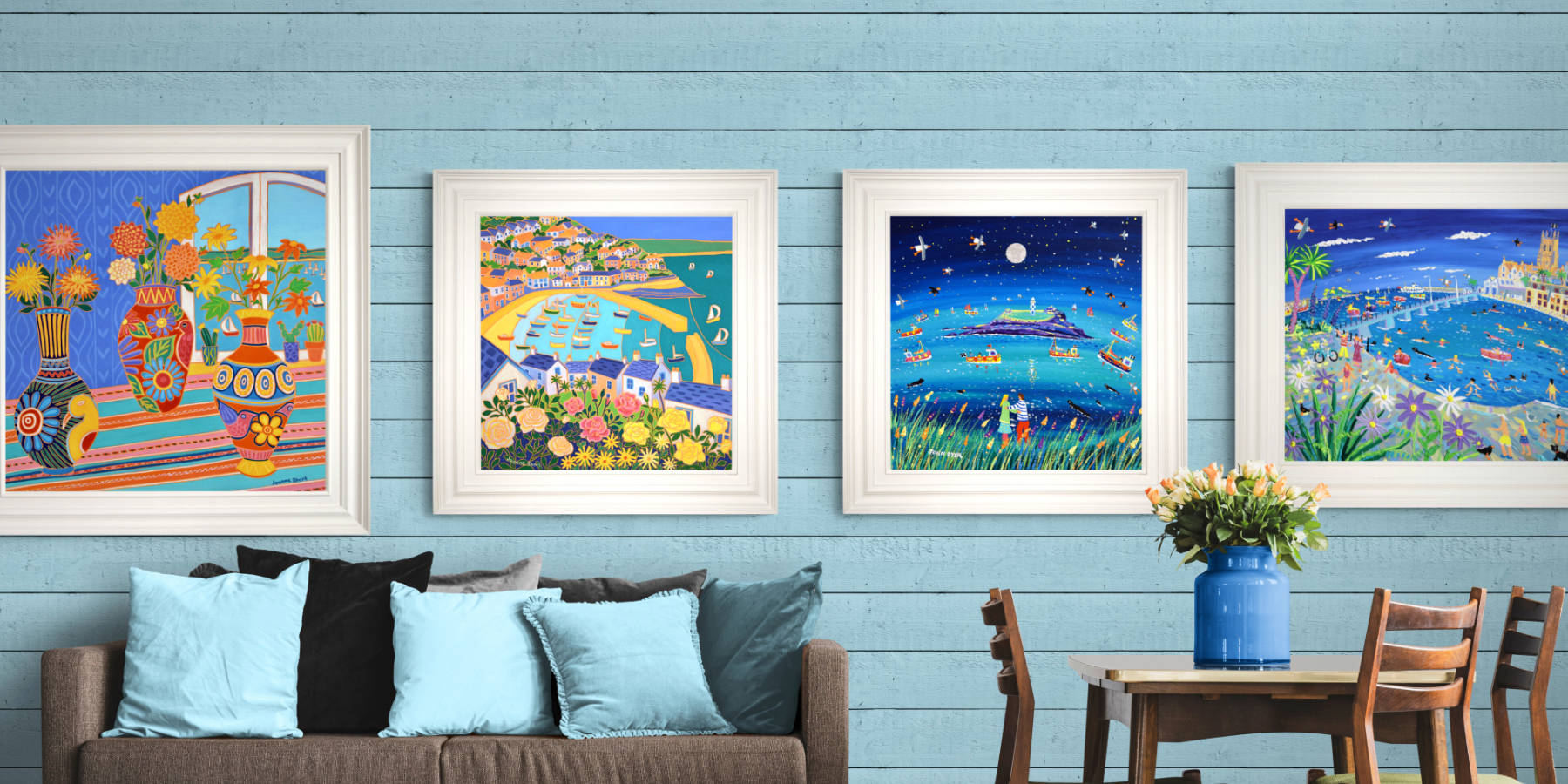 Paintings by British artists John Dyer and Joanne Short displayed on a gallery wall and available to buy online from the John Dyer Gallery.