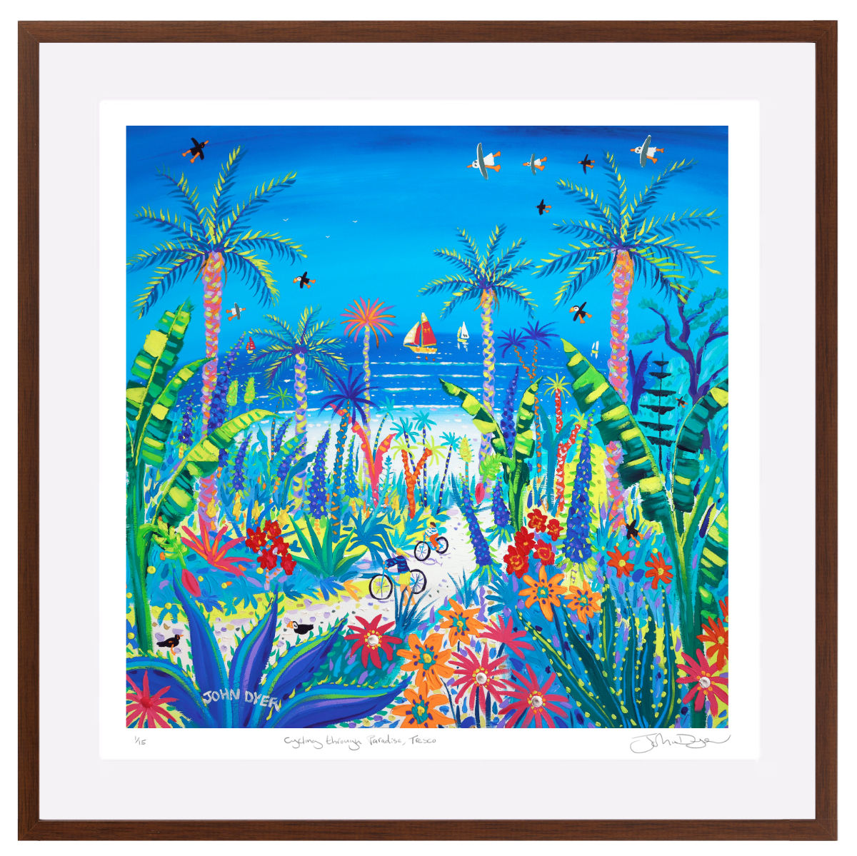 'Cycling through Paradise, Tresco'. Framed Special Limited Edition Print by John Dyer. Brown frame.