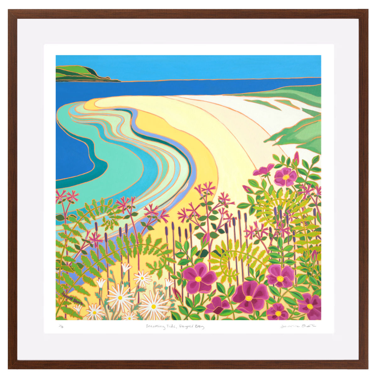 'Incoming Tide, Daymer Bay’ – Framed Special Limited Edition Print of the Camel Estuary Cornwall by Joanne Short. Brown frame