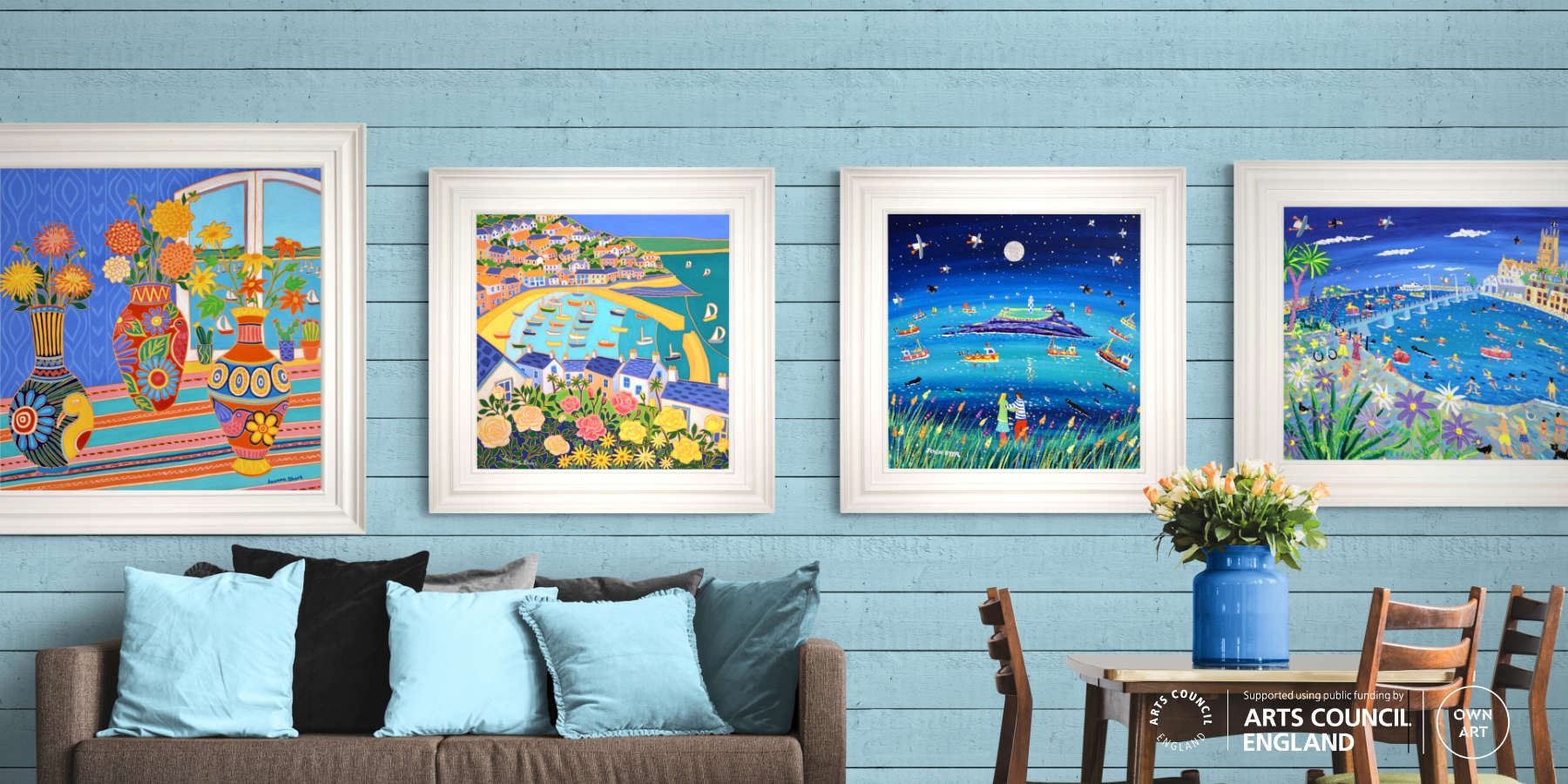 Buy Cornish paintings online from John Dyer Gallery. Paintings by John Dyer ad Joanne Short displayed on a gallery wall.