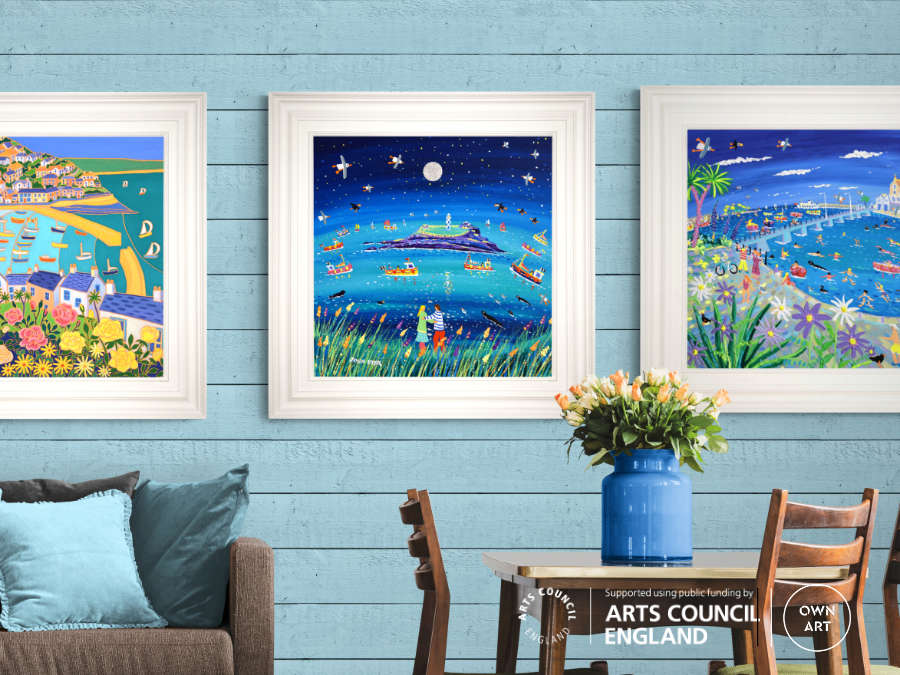 Buy Cornish paintings online from John Dyer Gallery. Paintings by John Dyer ad Joanne Short displayed on a gallery wall.