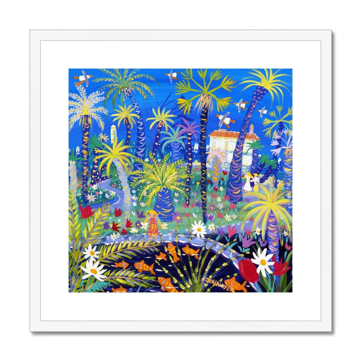 John Dyer Framed Open Edition Garden Art Print. 'Chatting to the Goldfish, Jardin Thuret, Cap d'Antibes, France'. French Art Gallery