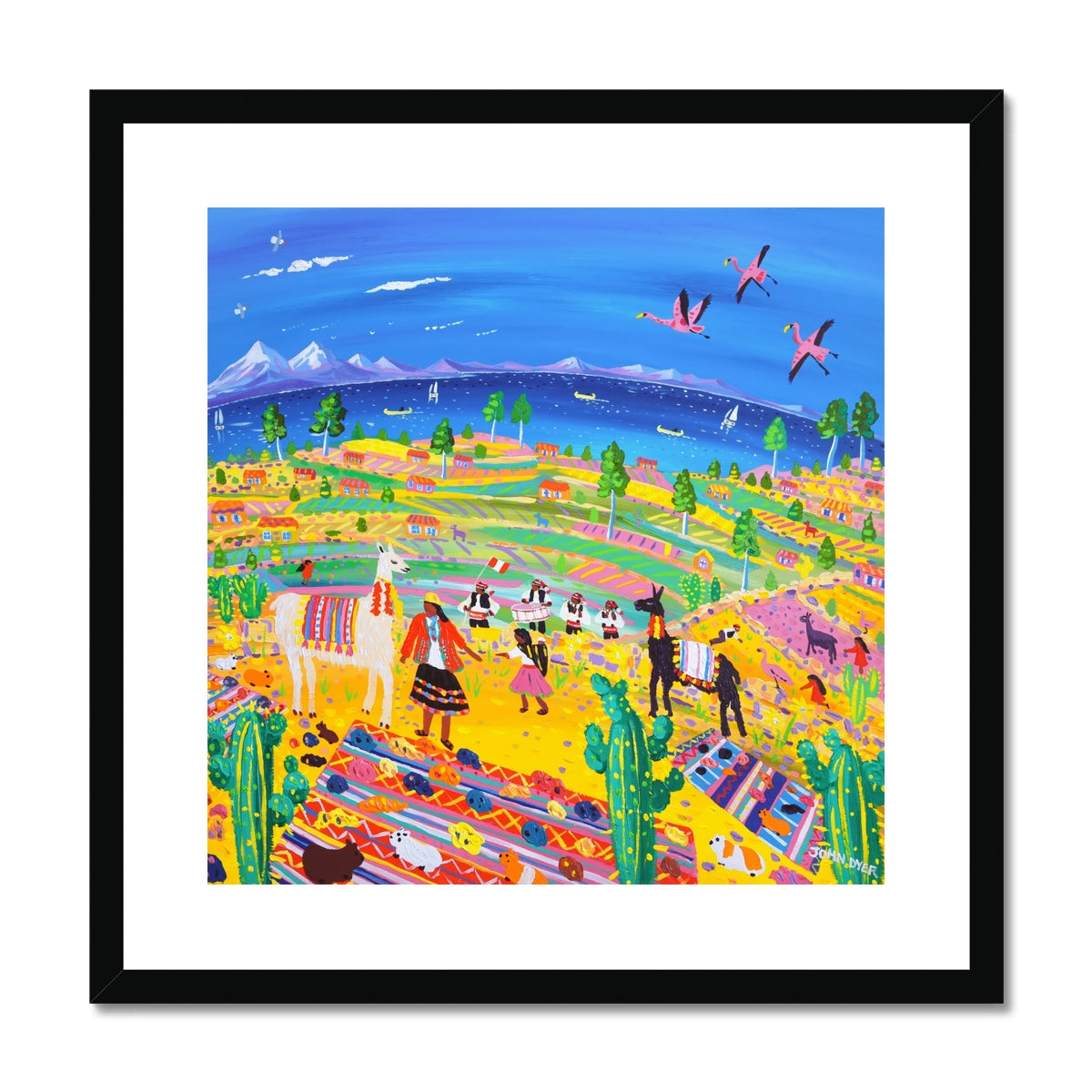 John Dyer Framed Open Edition Peruvian Art Print. 'Music and Llamas at the Potato Harvest, Taquile Island, Peru'