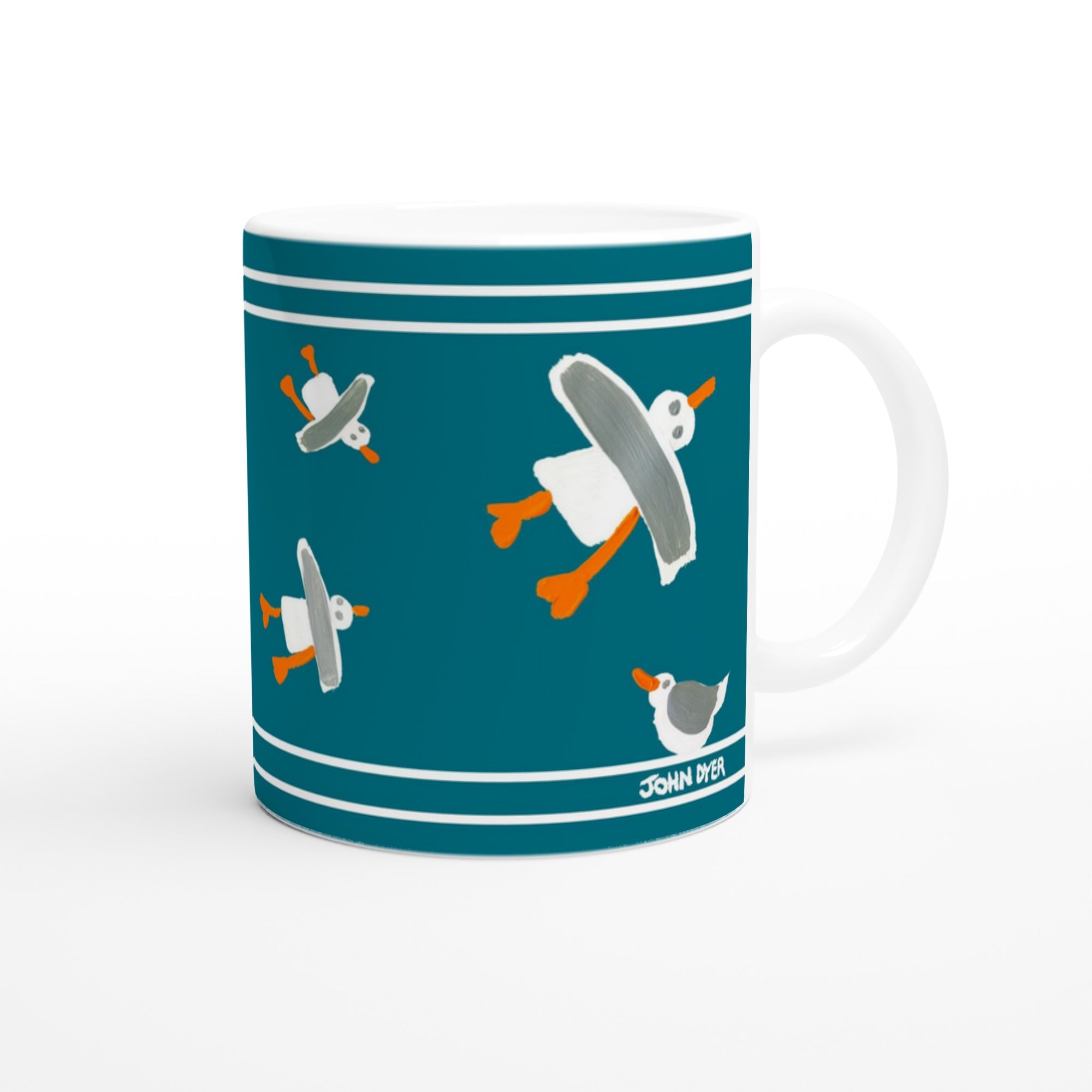 John Dyer Cornish Art Mug with Cornish Seagulls. Deep Sea Green