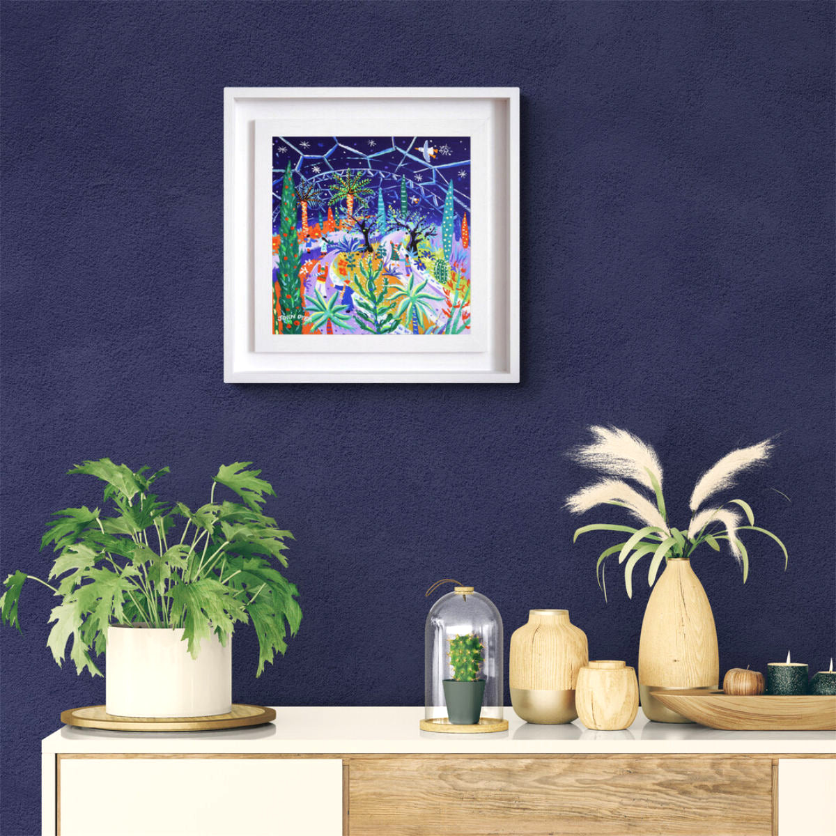 'Mediterranean Festive Fun, Eden Project'. 12 x 12 inches acrylic on canvas. Painting of the Eden Project by John Dyer