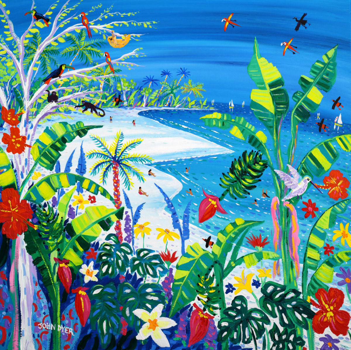 'Costa Rican Jungle Beach Paradise', 35.5 x 35.5 inches acrylic on canvas. John Dyer Painting of the Caribbean Rainforest