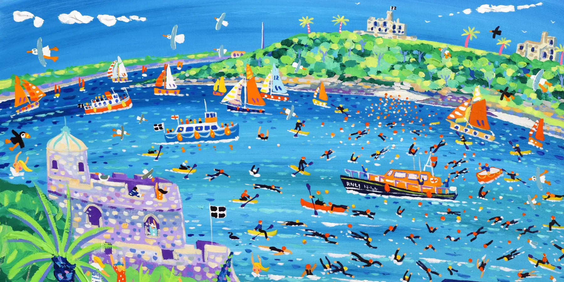 Detail of John Dyer's limited edition print celebrating the  RNLI Castle to Castle swim 2026