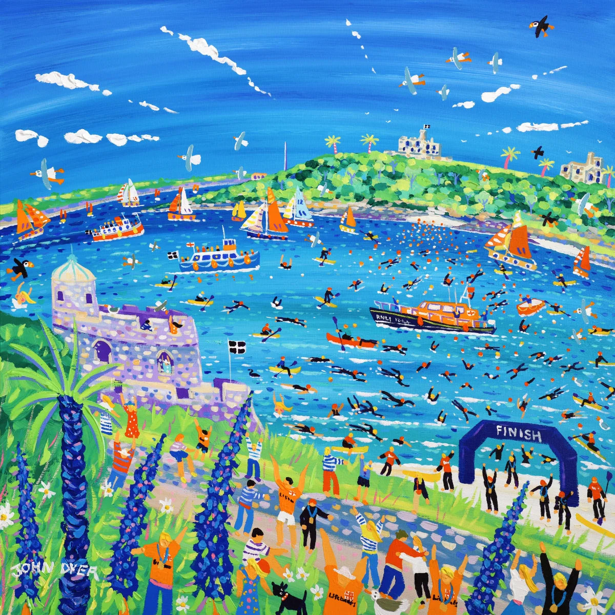 Colorful painting of a coastal scene with boats, people, and a castle. Limited Edition Print by Cornish Artist John Dyer. 'A Sea of Swimmers, Castle to Castle'. Falmouth to St Mawes RNLI Charity Swim Event.