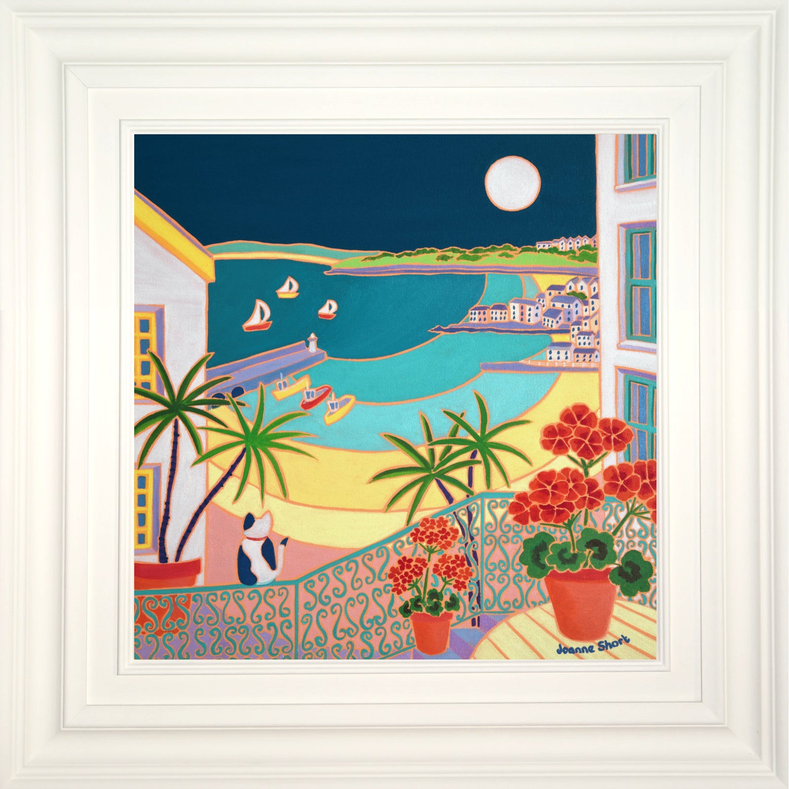 'Cat Watching the Yachts Sail Home, St Ives',  18 x 18 inches Oil on Canvas. Coastal Painting by Cornish Artist Joanne Short. Cornish Art from our Cornwall Art Gallery